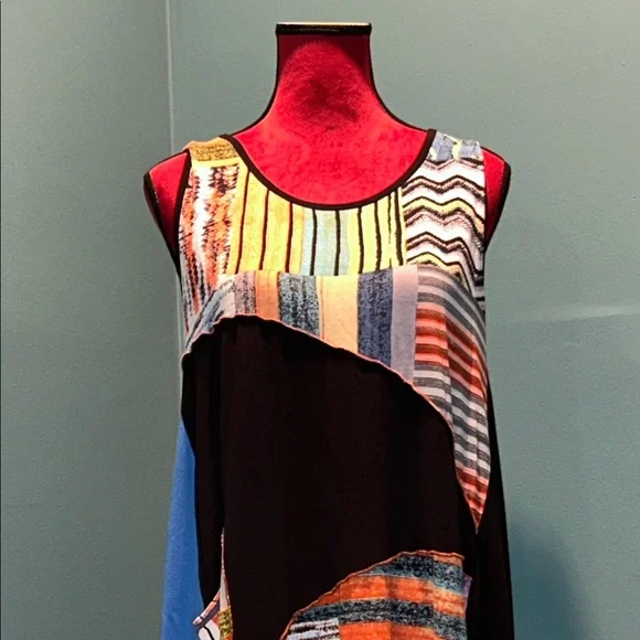 Sleeveless Patchwork Print Handkerchief Hem Dress - Blue & Black Size Large - Picture 2 of 14